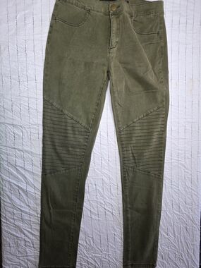 Tinseltown Olive Green Moto Skinny Jeans Ribbed Detail Size 7